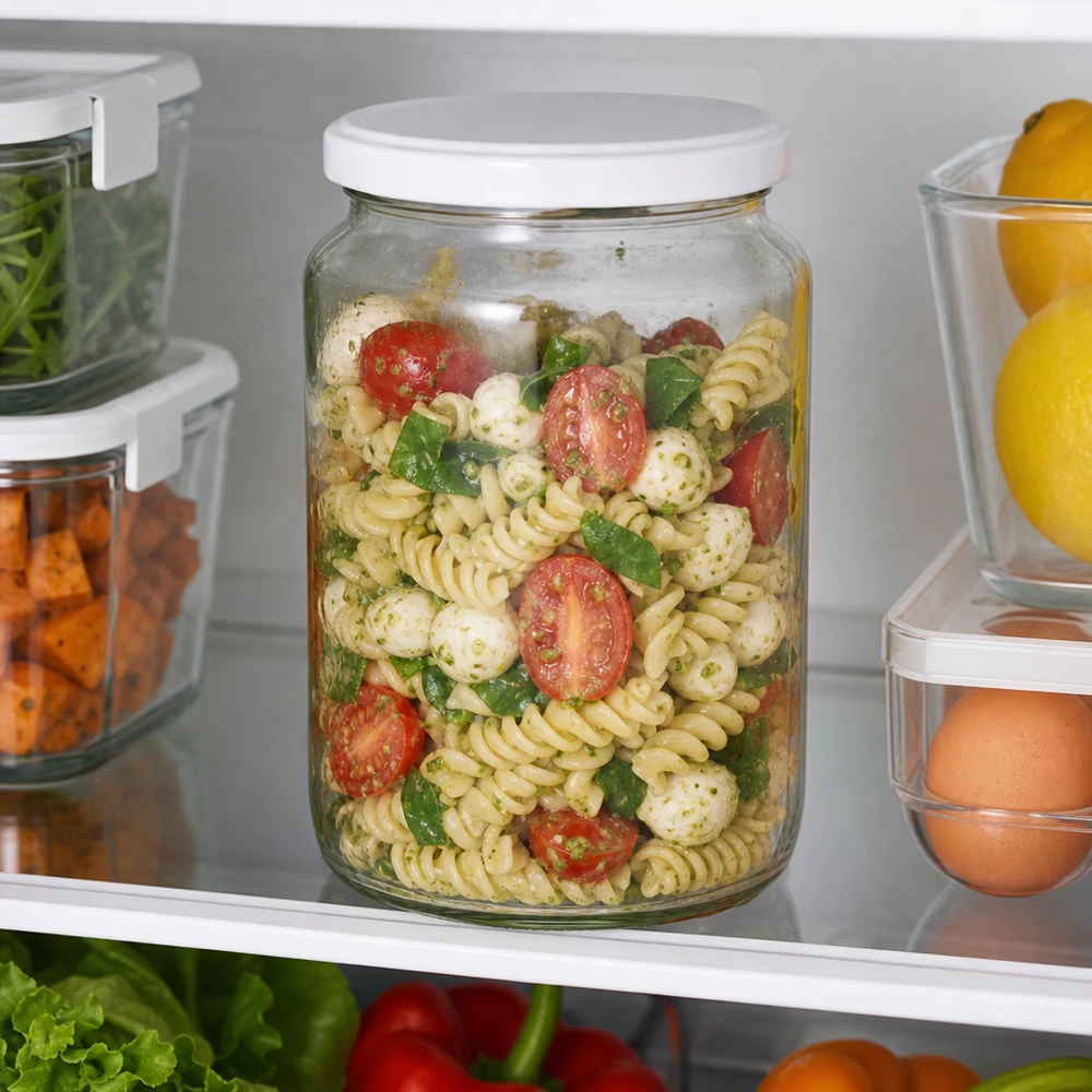 Le bocal rond de 795 ml UNiTWIST utilisé comme récipient de Meal Prep dans le réfrigérateur rempli de salade de pâtes permet de conserver parfaitement la fraîcheur.
