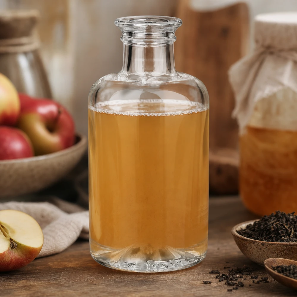 Flacon à pharmacie « Sofia » 100 ml sans bouchon UNiTWIST® Bouteille en verre Sofia de 100 ml remplie de jus de pomme à côté de pommes fraîches et d'herbes à thé sur une table en bois naturel