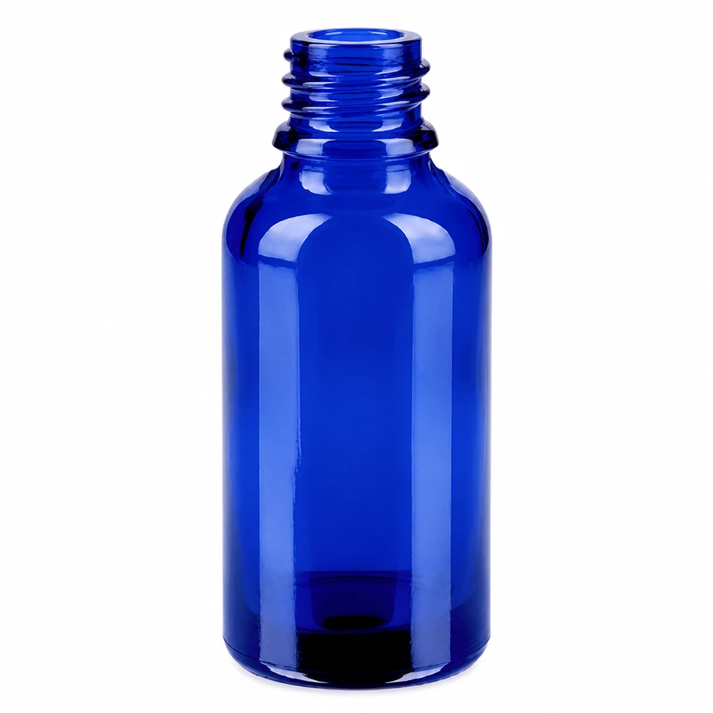 Flacon 30ml 11mm SV rouge OV BlueLine UT18/30 Petit flacon de 30 ml en verre bleu avec ouverture de 11 mm pour les applications goutte à goutte en pharmacie