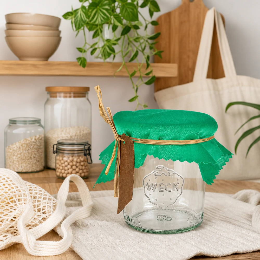 Couvercle décoratif vert 12cm carré sur verre WECK dans la cuisine durable Zero-Waste avec récipients de stockage et sac en jute