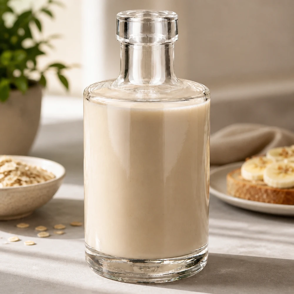 Bouteille en verre Marie 200ml remplie de lait d'avoine Lifestyle Scène de cuisine avec flocons d'avoine et pain Application