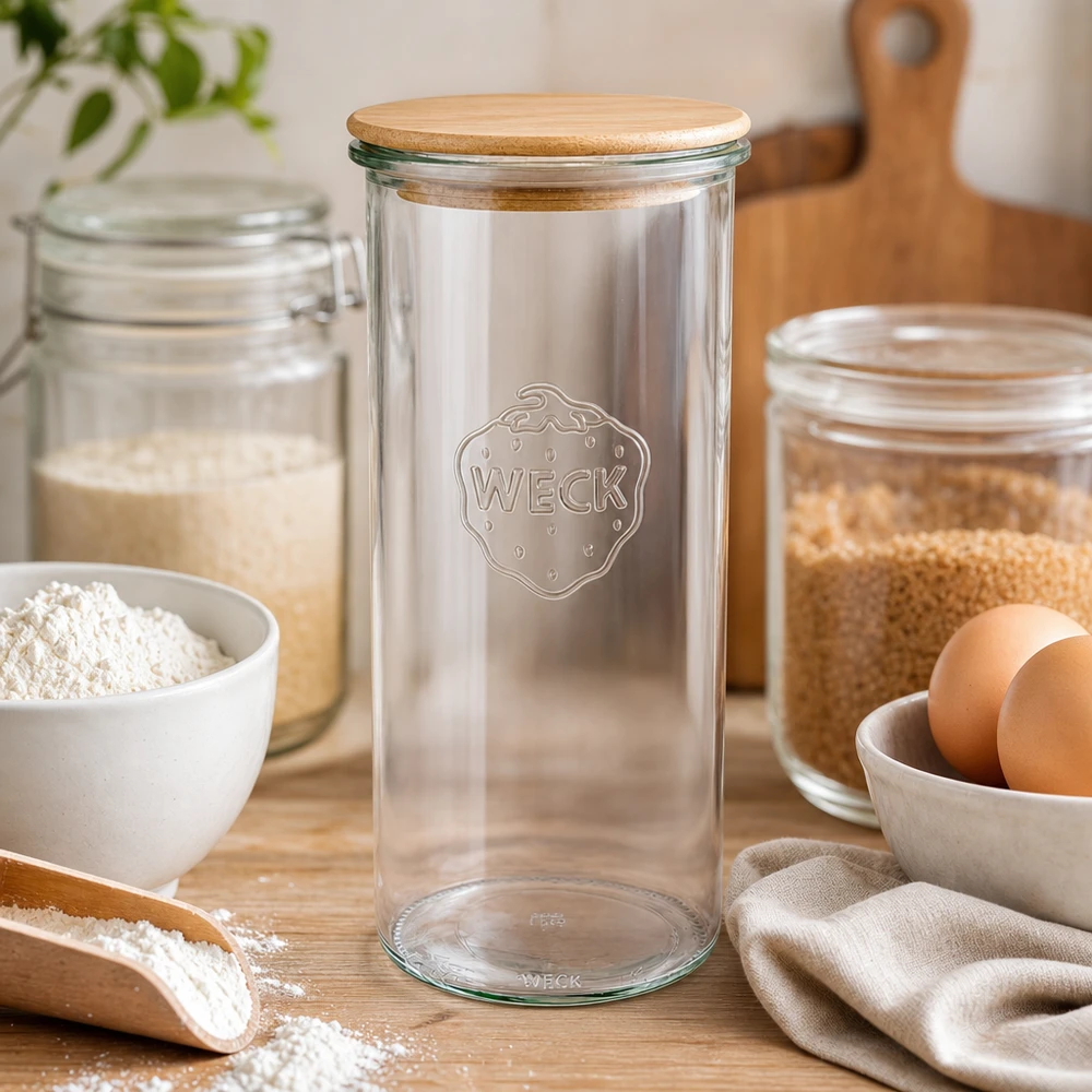 WECK Verre renversé 1500ml RR100 avec couvercle en bois pour farine céréales boulangerie décoration de cuisine style scandinave