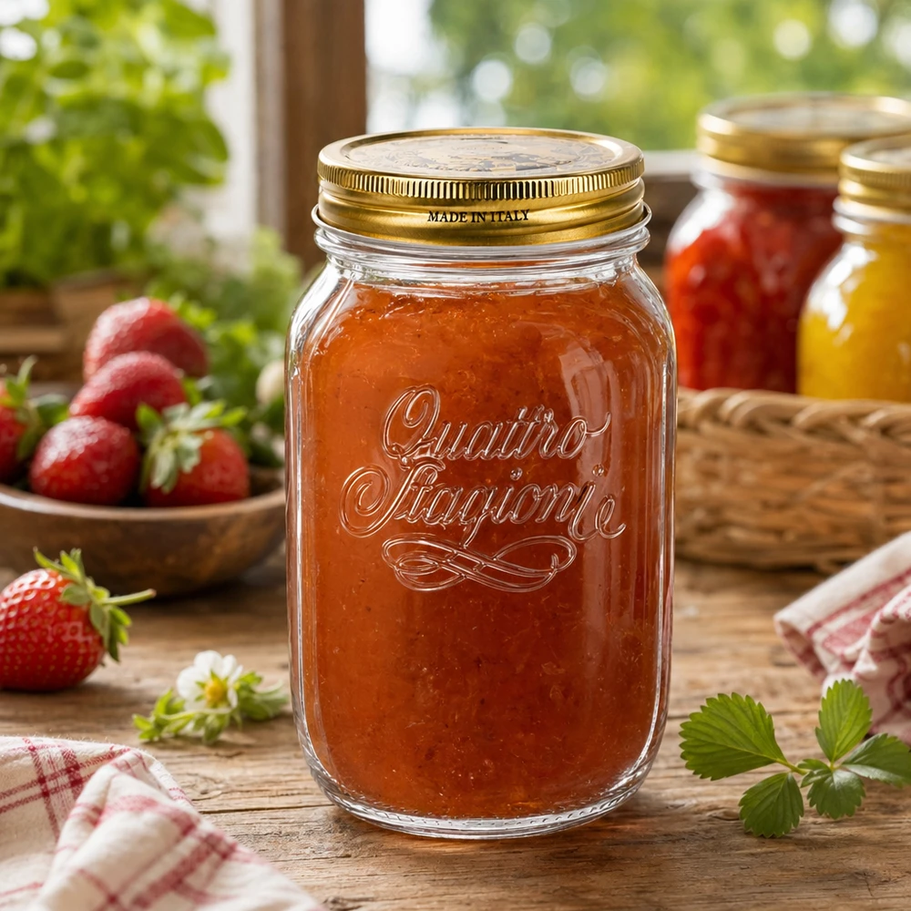 Verre rond 1000ml « Quattro Stagioni » avec couvercle Pot Quattro Stagioni 1000ml rempli de confiture de fraises maison sur table rustique en bois verre à conserves italiennes