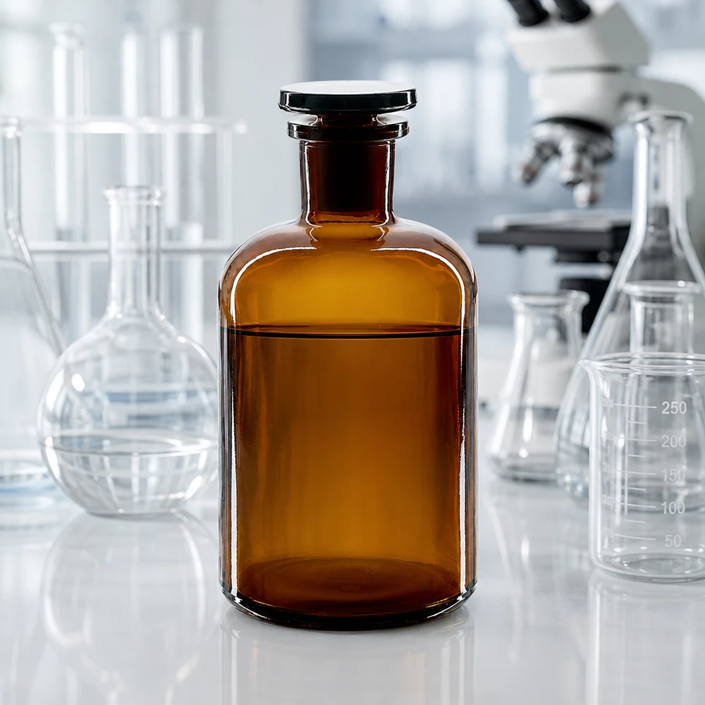 Flacon pharmaceutique 500 ml col étroit en verre ambré + bouchon Flacon de réactif de 500 ml, à épaulement arrondi et col étroit, en verre brun, hermétiquement fermé par un bouchon en verre