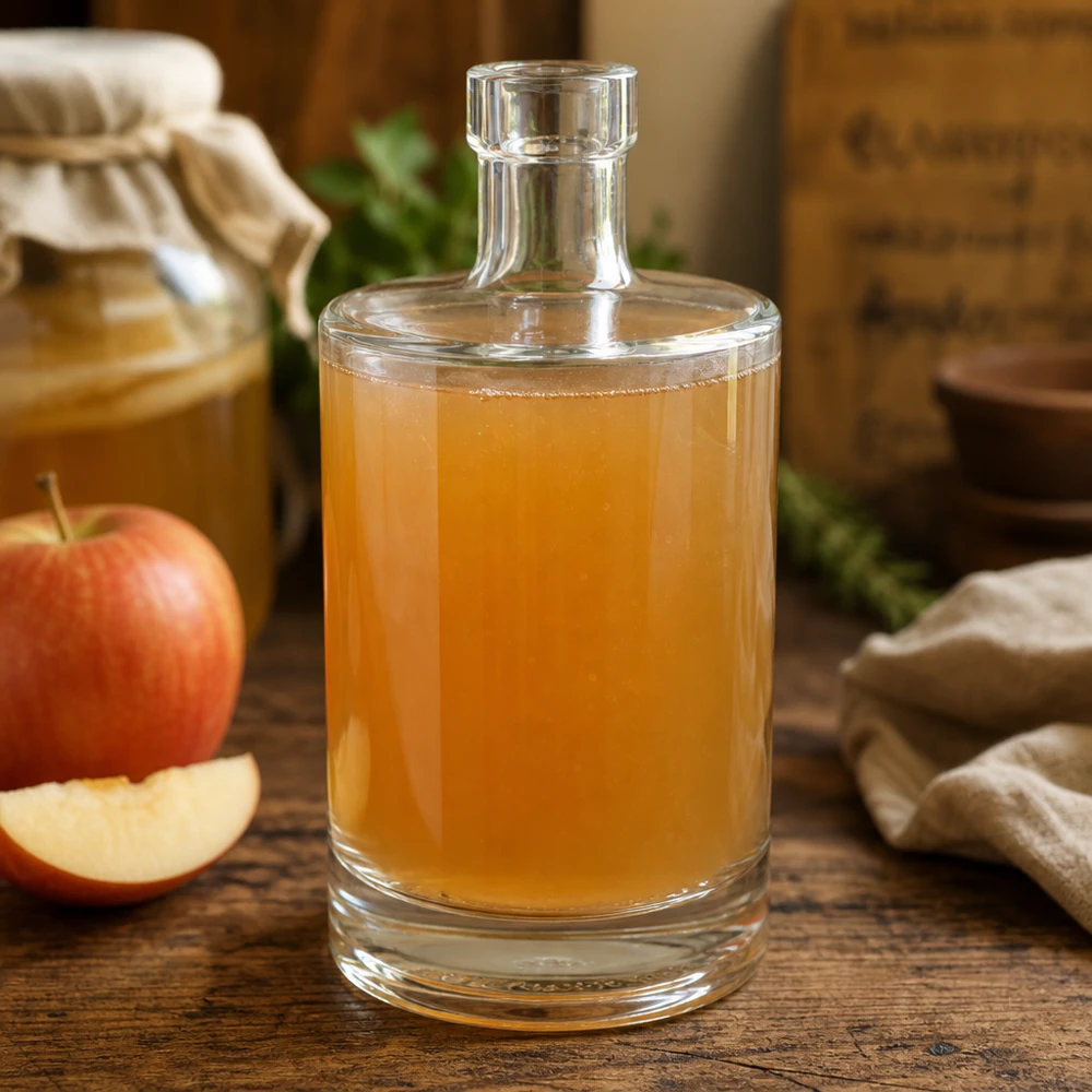 Bouteille en verre 500 ml « Marie » sans bouchon UNiTWIST® Bouteille en verre Marie de 500 ml remplie de cidre à côté de pommes fraîches montre une utilisation polyvalente pour les jus faits maison