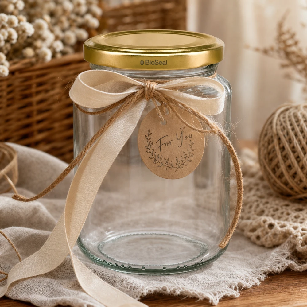 382ml Verre rond avec couvercle BioSeal or UNiTWIST UNiTWIST Runda382 Emballage cadeau avec ruban et pendentif, couvercle TO66 BioSeal doré, pot à conserves décoratif