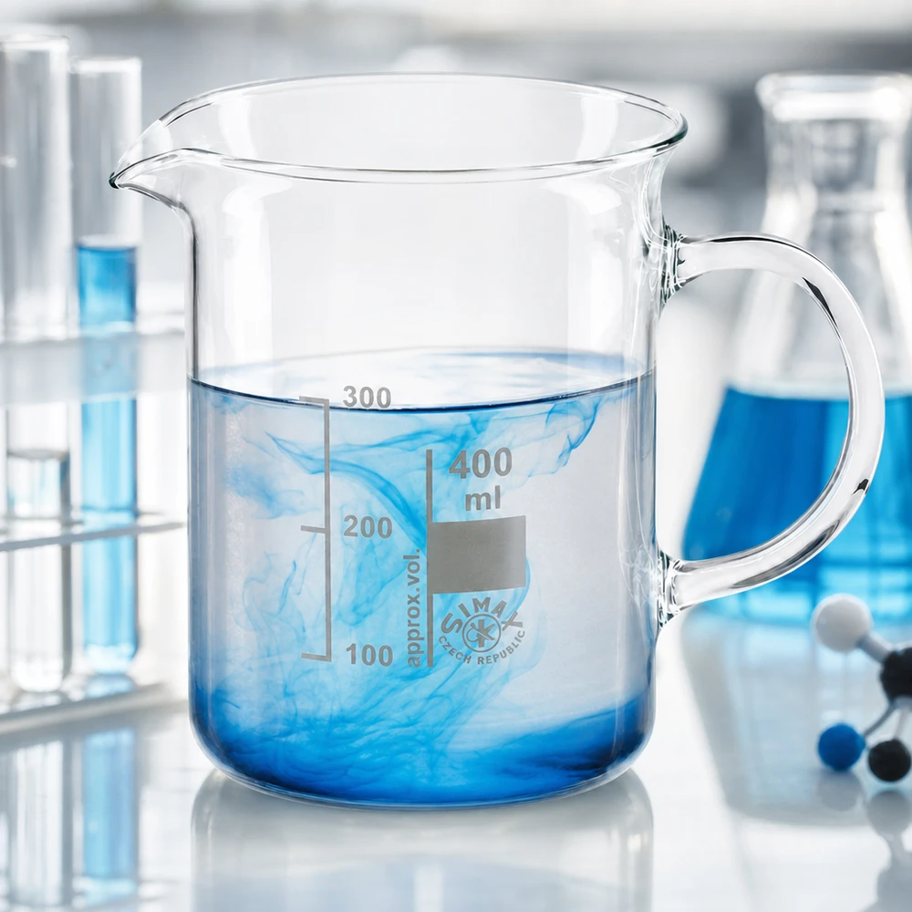 Bécher avec poignée 400ml en verre borosilicate résistant à la chaleur (forme normale) Bécher en verre borosilicaté de 400 ml, muni d'une anse latérale et d'une échelle de volume gravée, qualité laboratoire