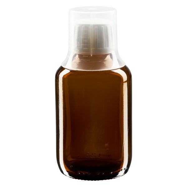 Flacon médical norme européenne de 150 ml, avec bouchon à vis blanc et gobelet doseur de 30 ml Flacon médical norme européenne de 150 ml, avec bouchon à vis blanc et gobelet doseur de 30 ml