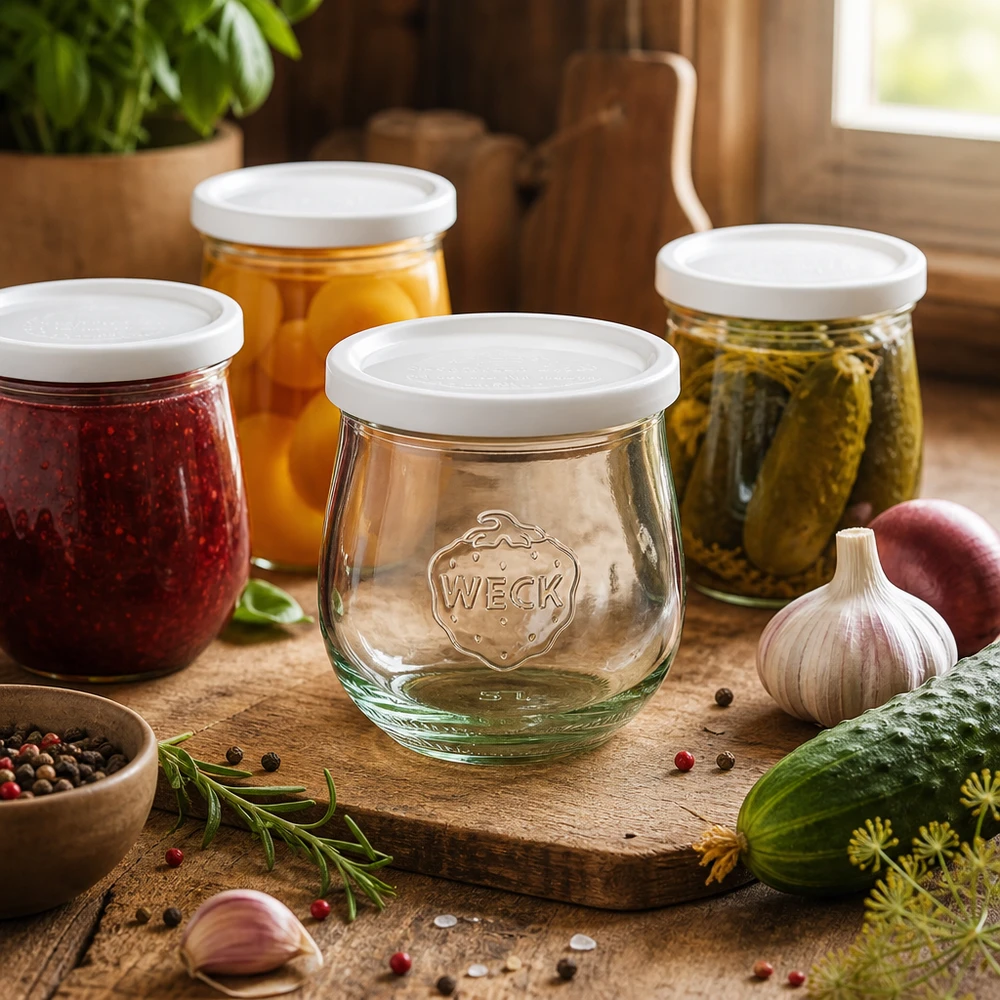 Bocal en forme de tulipe de 370 ml avec couvercle hermétique WECK RR80 WECK Pot tulipe 370ml RR80 dans une scène de cuisine avec des conserves, des épices et des herbes disposées sur une planche en bois