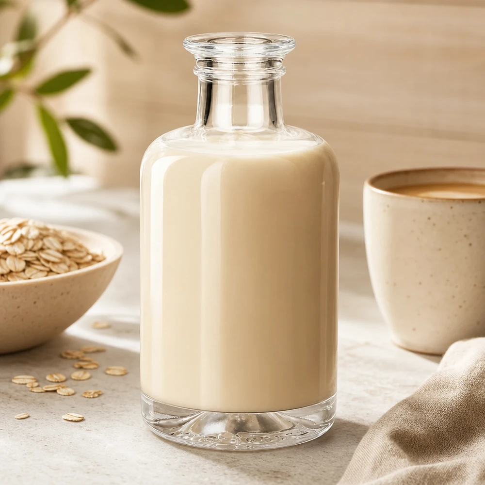 Bouteille en verre Sofia de 100 ml remplie de lait d'avoine à côté de flocons d'avoine et d'une tasse sur un fond clair