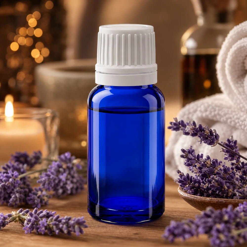 Flacon de pharmacie bleu de 10 ml avec bouchon compte-gouttes et cachet d'inviolabilité en verre