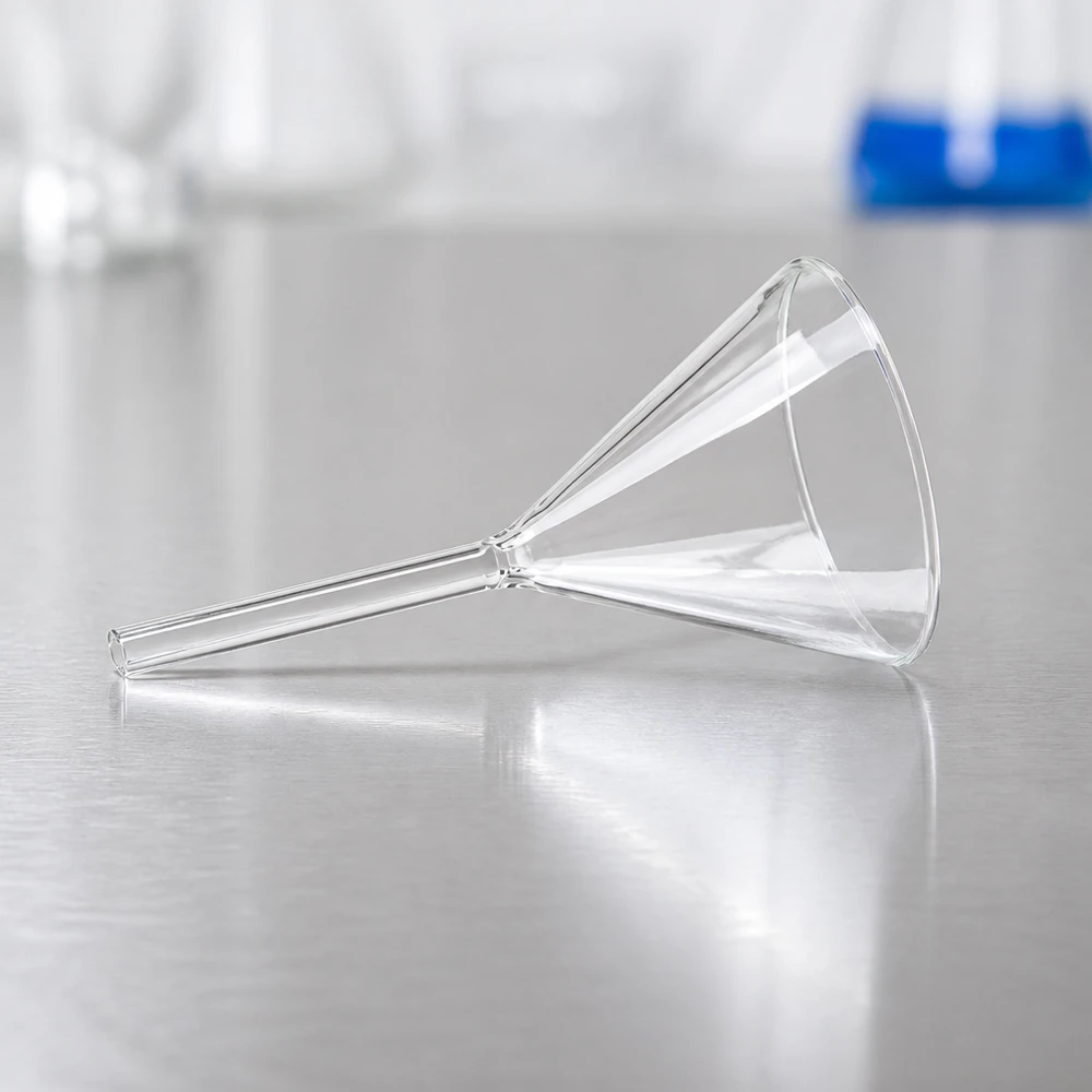 Entonnoir de laboratoire robuste en verre sodocalcique, au design compact permettant un rangement peu encombrant