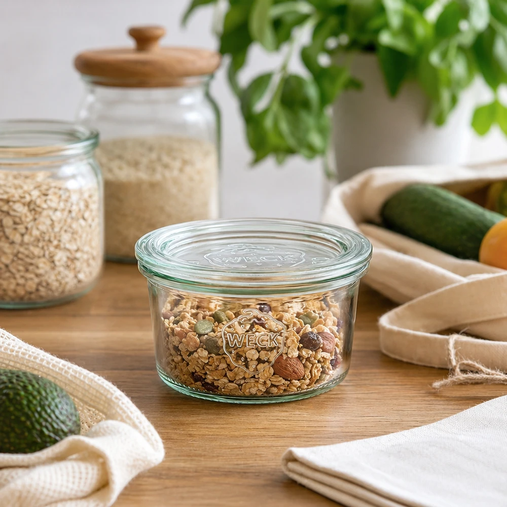 165ml bocal conique avec bouchon en verre WECK RR80 WECK Pot renversé 165ml RR80 rempli d'un mélange de noix dans un environnement de cuisine naturel avec des bocaux à provisions et des légumes