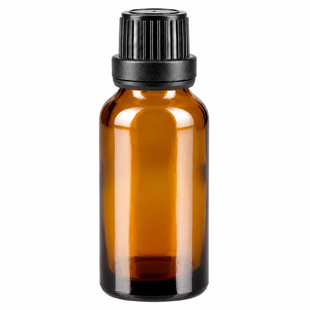 Flacon compte-gouttes marron de 20 ml avec bouchon à vis noir à l'épreuve des enfants, pour huiles essentielles