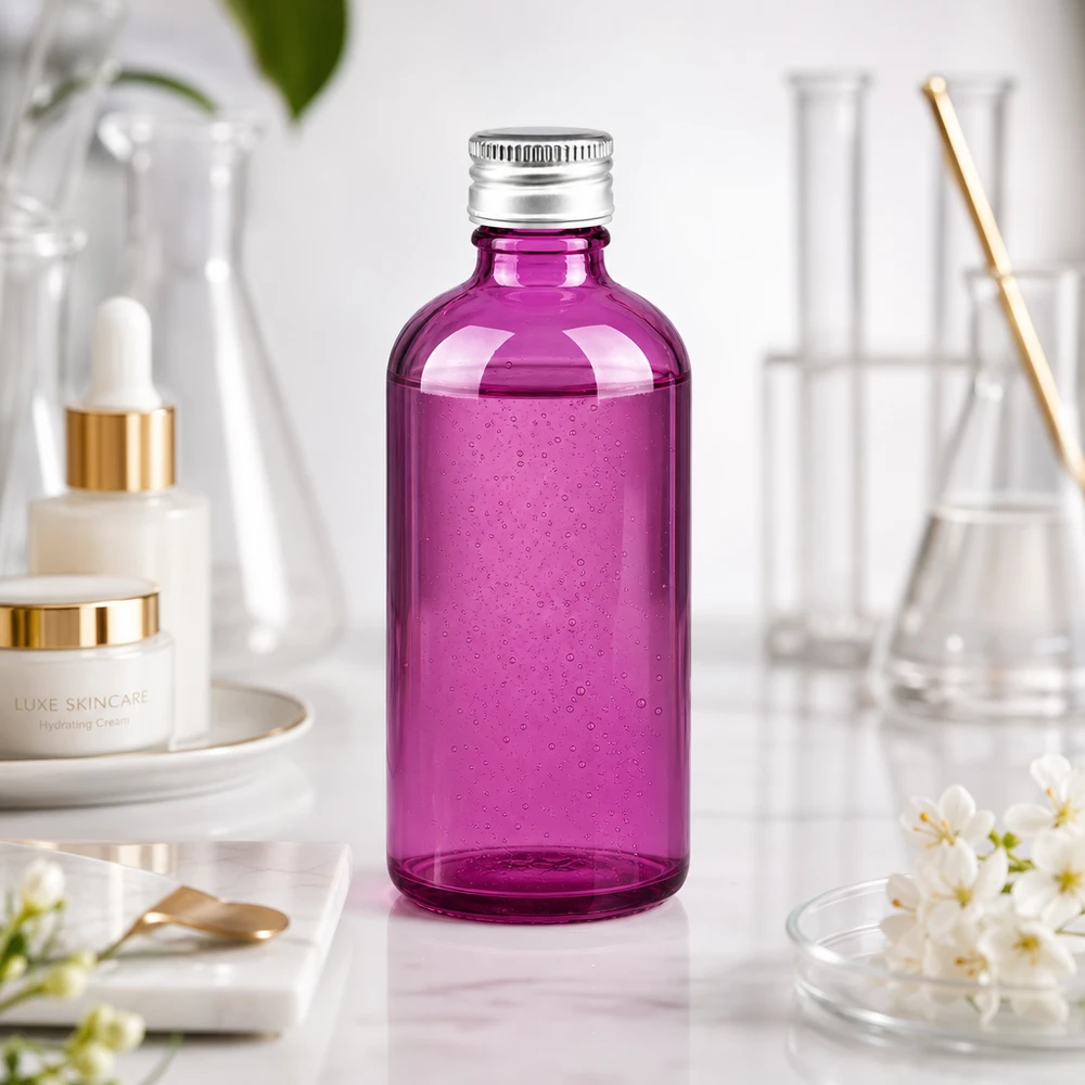 Flacon de 100ml. Bouchon à vis 11mm alu-argent standard PurpleLine. UT18/100 Bouteille cosmétique pratique en verre pourpre avec bouchon à vis anti-fuite