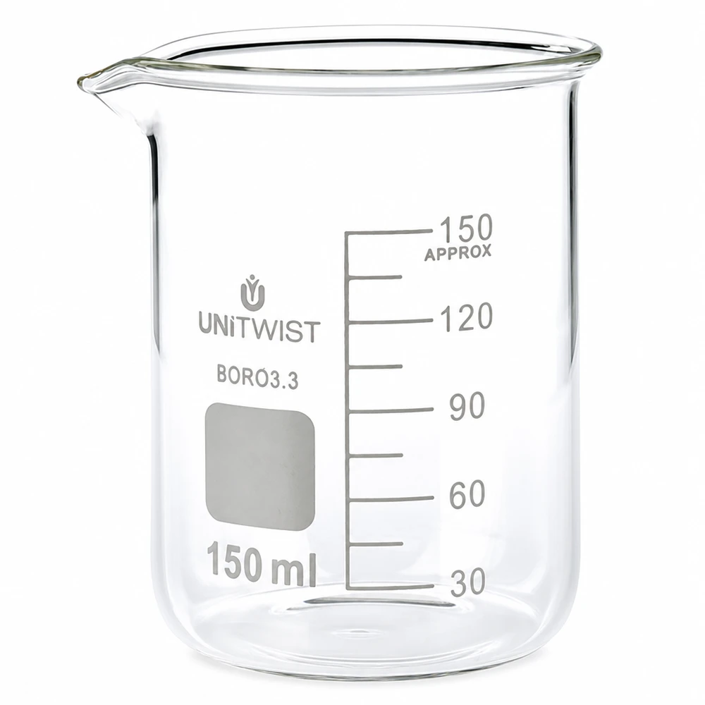 Bécher 150ml borosilicate, forme basse UNiTwist UNiTwist, verre doseur de 150 ml en borosilicate avec bec verseur et graduation en millilitres – Matériel de laboratoire