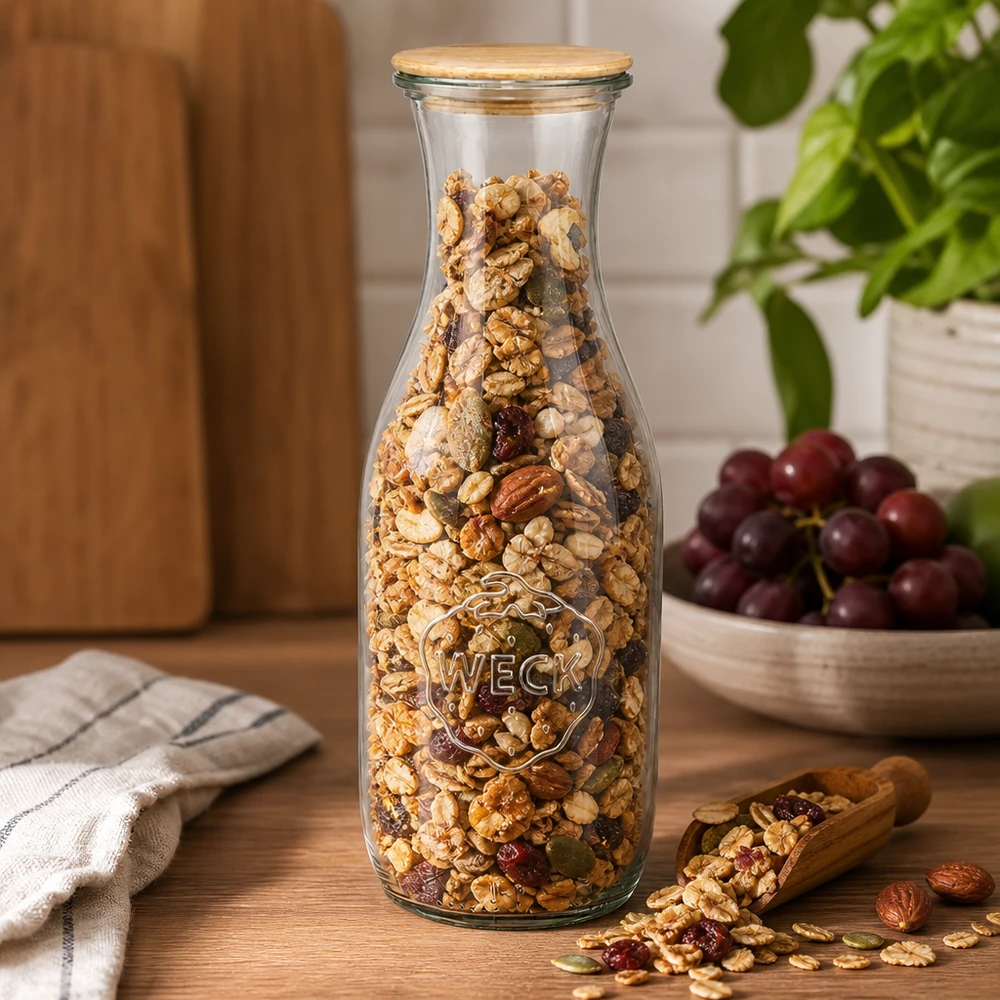 WECK Bouteille de jus de fruits 1062ml avec couvercle en bois remplie de céréales et de noix sur une table en bois à côté de raisins et d'une pelle
