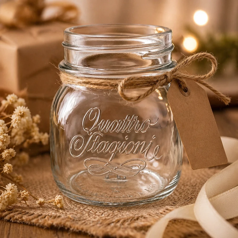 150ml Quattro Stagioni Pot ménager avec couvercle et bande de jute, pot décoratif sur table rustique en bois