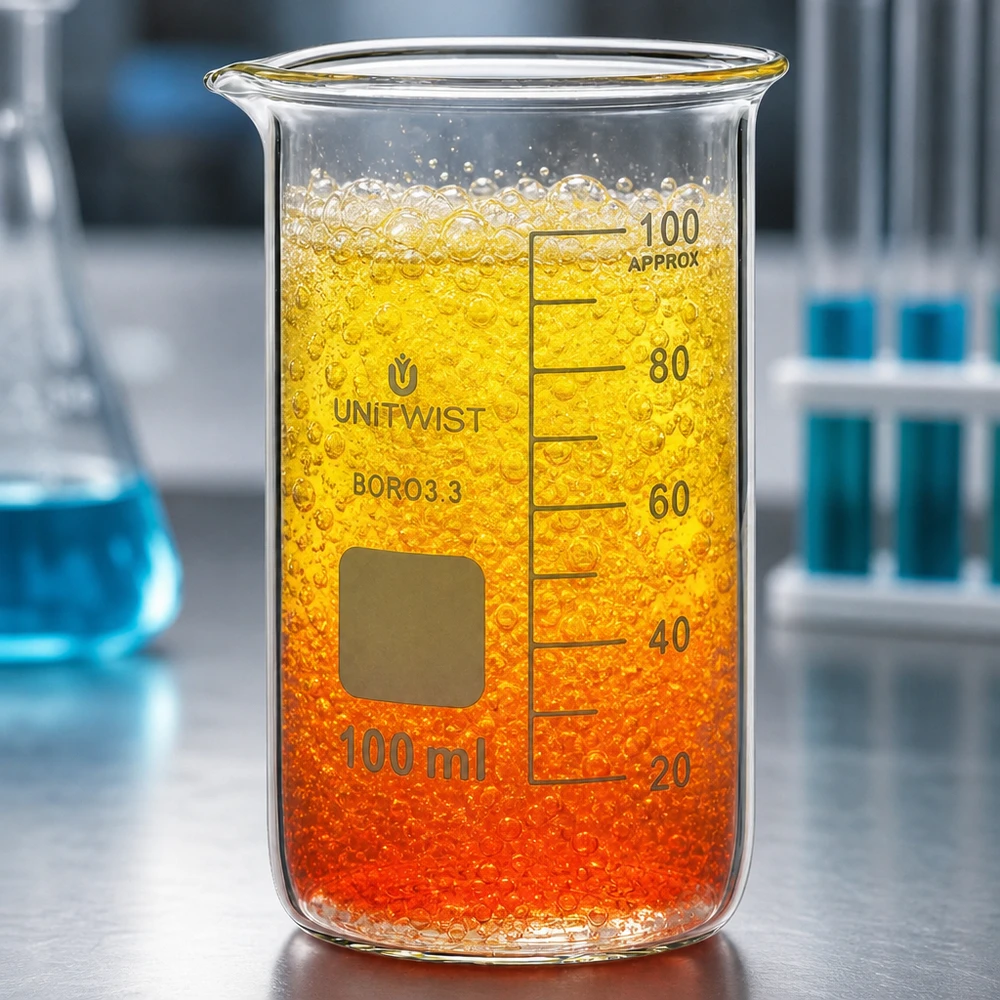 Bécher 100ml borosilicate, forme haute UNITWIST UNITWIST, verre becher de 100 ml, forme haute, en borosilicate, avec dégradé de couleurs allant de l'orange au jaune