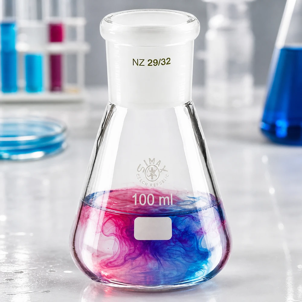 Erlenmeyer 100 ml col large, verre borosilicate avec rodage normalisé 29/32 Erlenmeyer 100 ml col large, verre borosilicate avec rodage normalisé 29/32