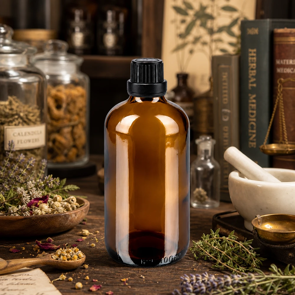 Flacon en verre brun de 100 ml avec bouchon OV noir de 11 mm, dans un atelier d'herboristerie de style pharmacie