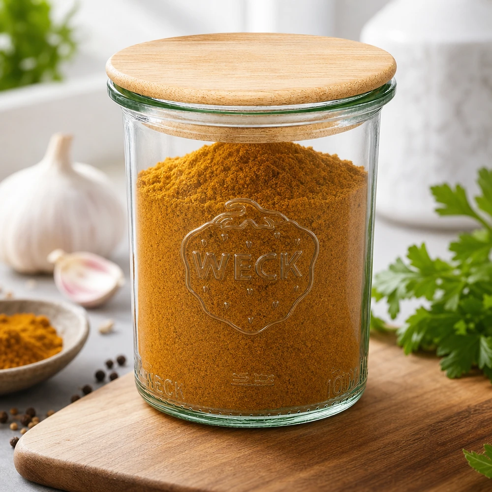 WECK Verre renversé 160ml RR60 avec couvercle en bambou rempli d'épices au curcuma planche de cuisine ail herbes