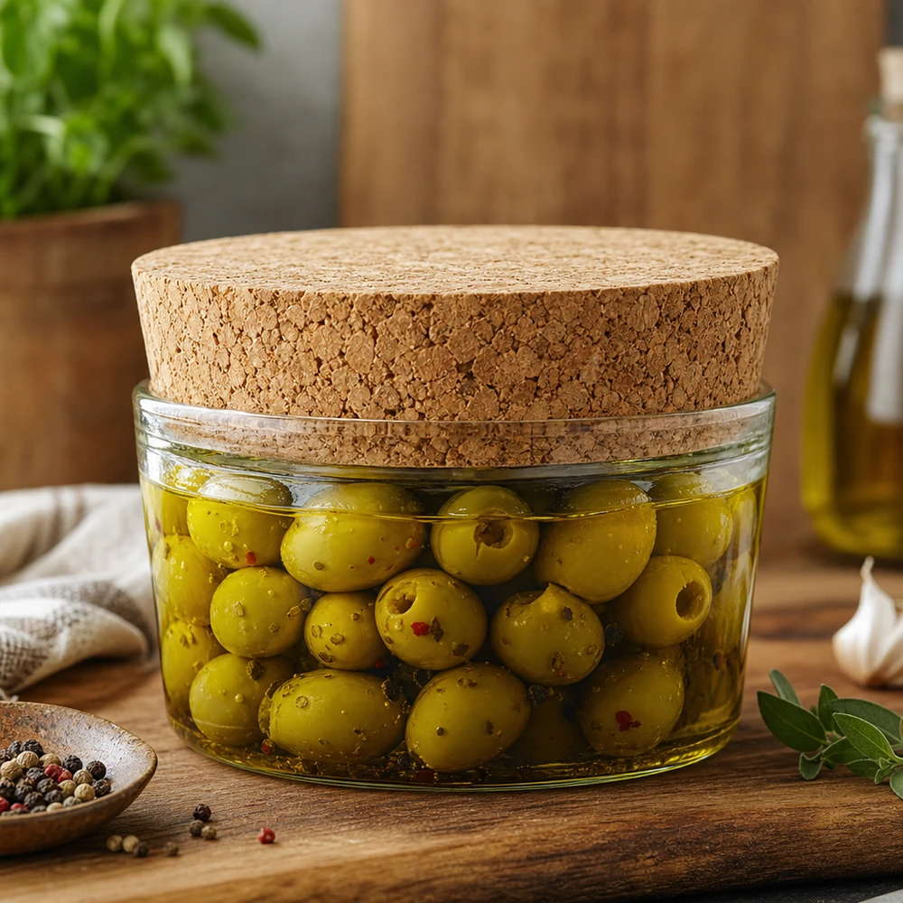 Bouchon pour ouverture 40mm WECK RR40 (ø38/43, H=20mm) Eingelegte Oliven in Glasdose mit WECK Korken RR40 Naturkork Verschluss mediterrane Küche luftdichte Aufbewahrung 40mm