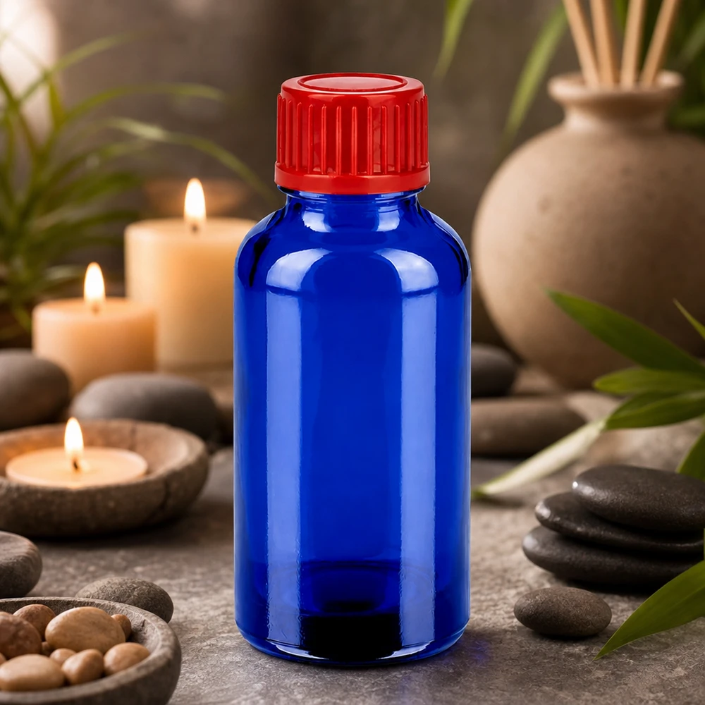 Flacon de 30ml 11mm SV rouge STD BlueLine UT18/30 Flacon médicinal de 30 ml en verre épais bleu, protégé de la lumière, pour les substances sensibles