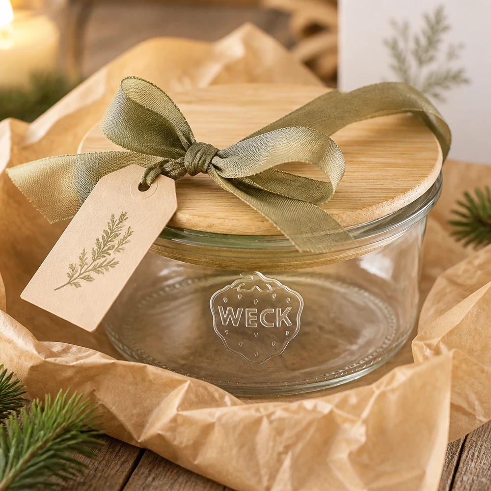 WECK Verre renversé 165ml RR80 comme set cadeau avec ruban vert et pendentif sur une table en bois décorée pour Noël