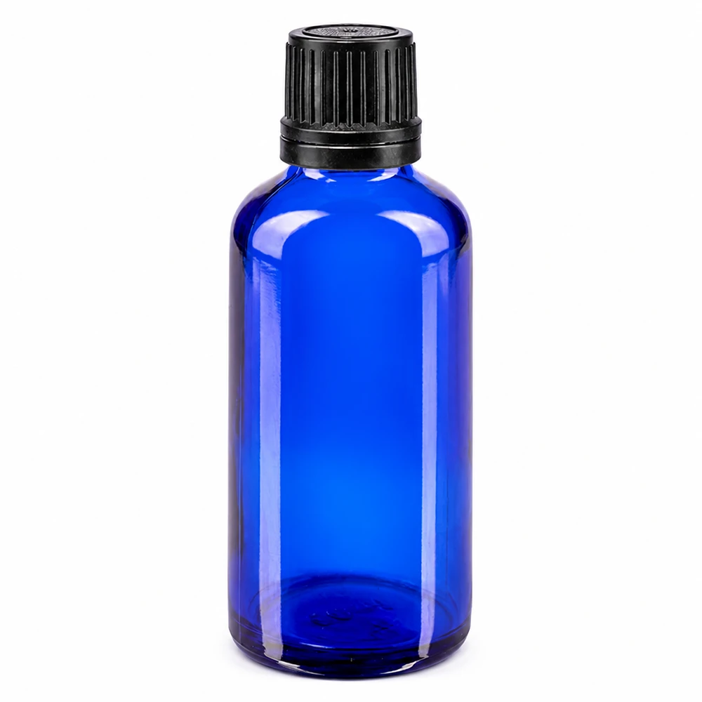 Flacon compte-gouttes bleu de 50 ml en verre ApoGlas de haute qualité, muni d'un bouchon d'origine noir à sécurité enfant