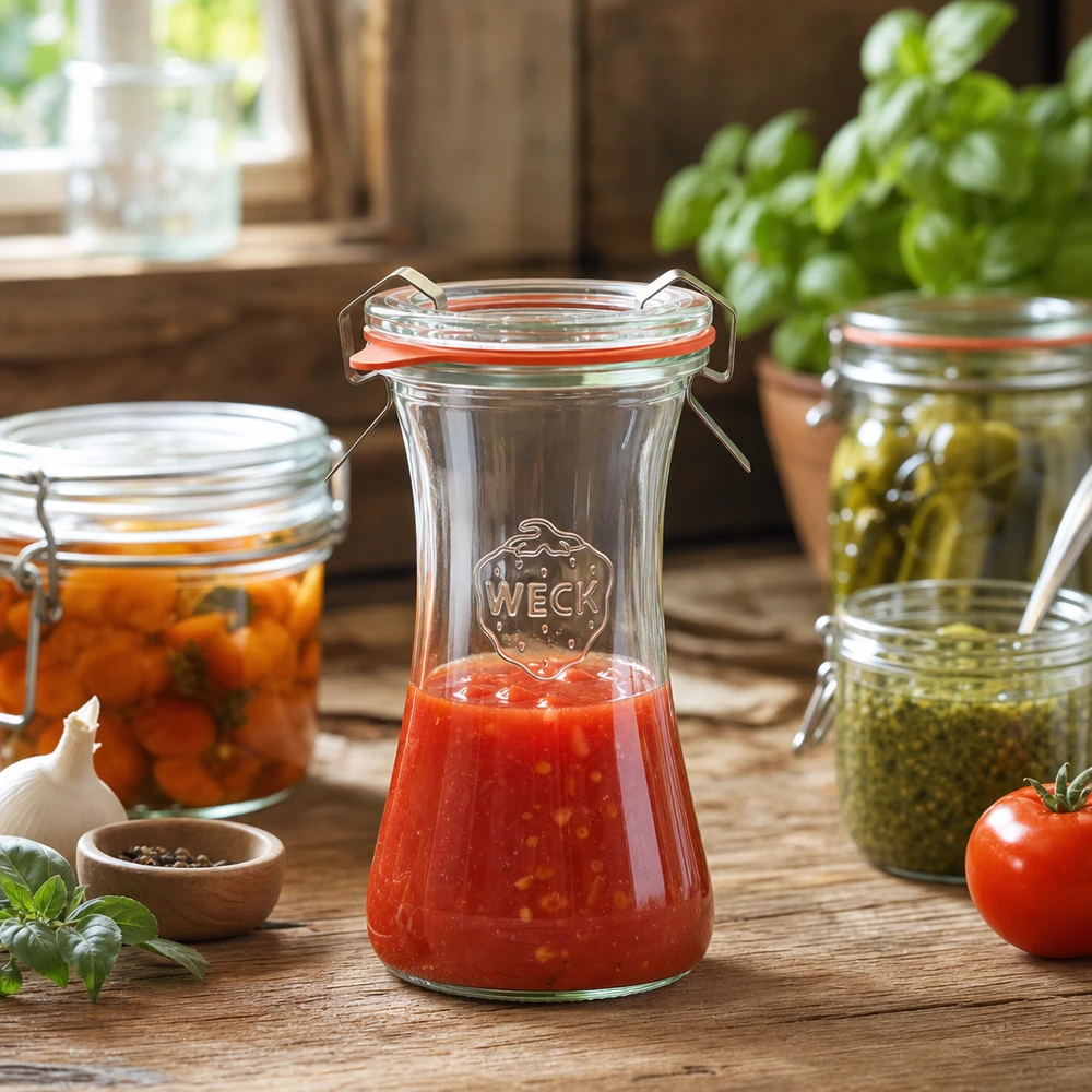 WECK Pot de conserve 100ml RR40 rempli de sauce tomate à côté d'autres pots de conserve sur une table en bois dans la cuisine