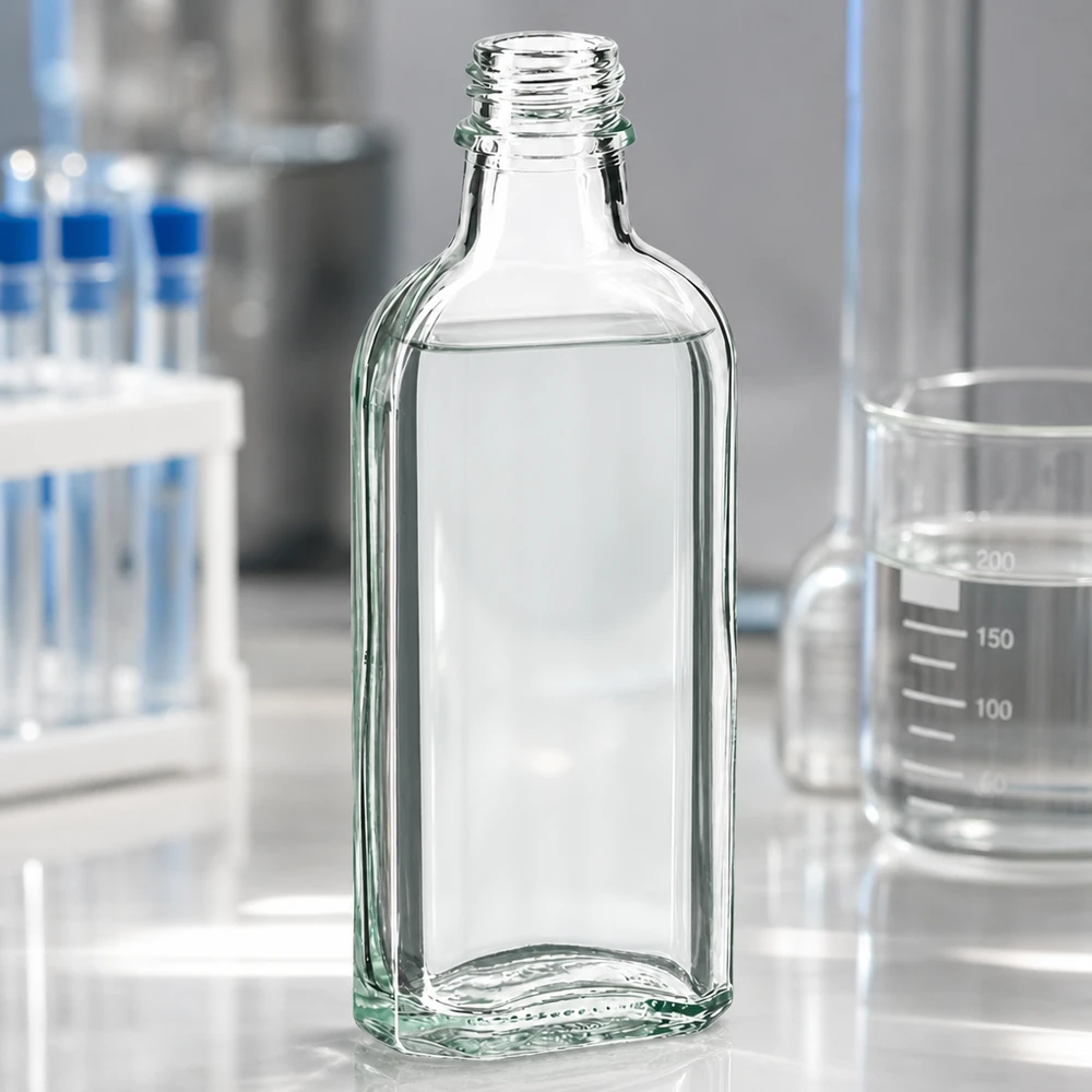 Bouteille en verre transparent de 100 ml « Meplat » transparente, à côté d'un bécher et de tubes à essai