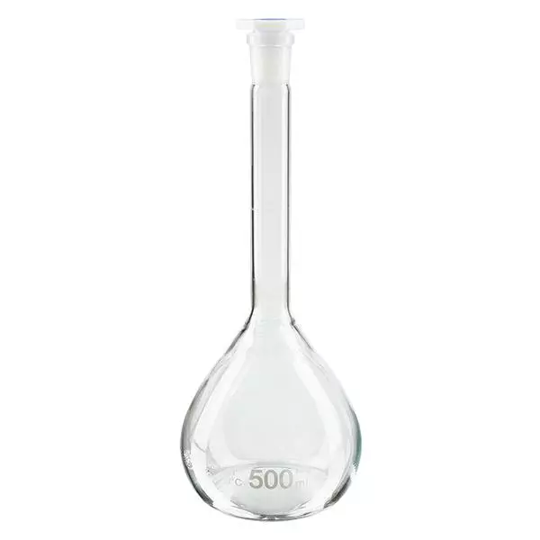 Ballon gradué 500 ml au rodage normalisé 19/26, en verre borosilicate avec bouchon en PEHD