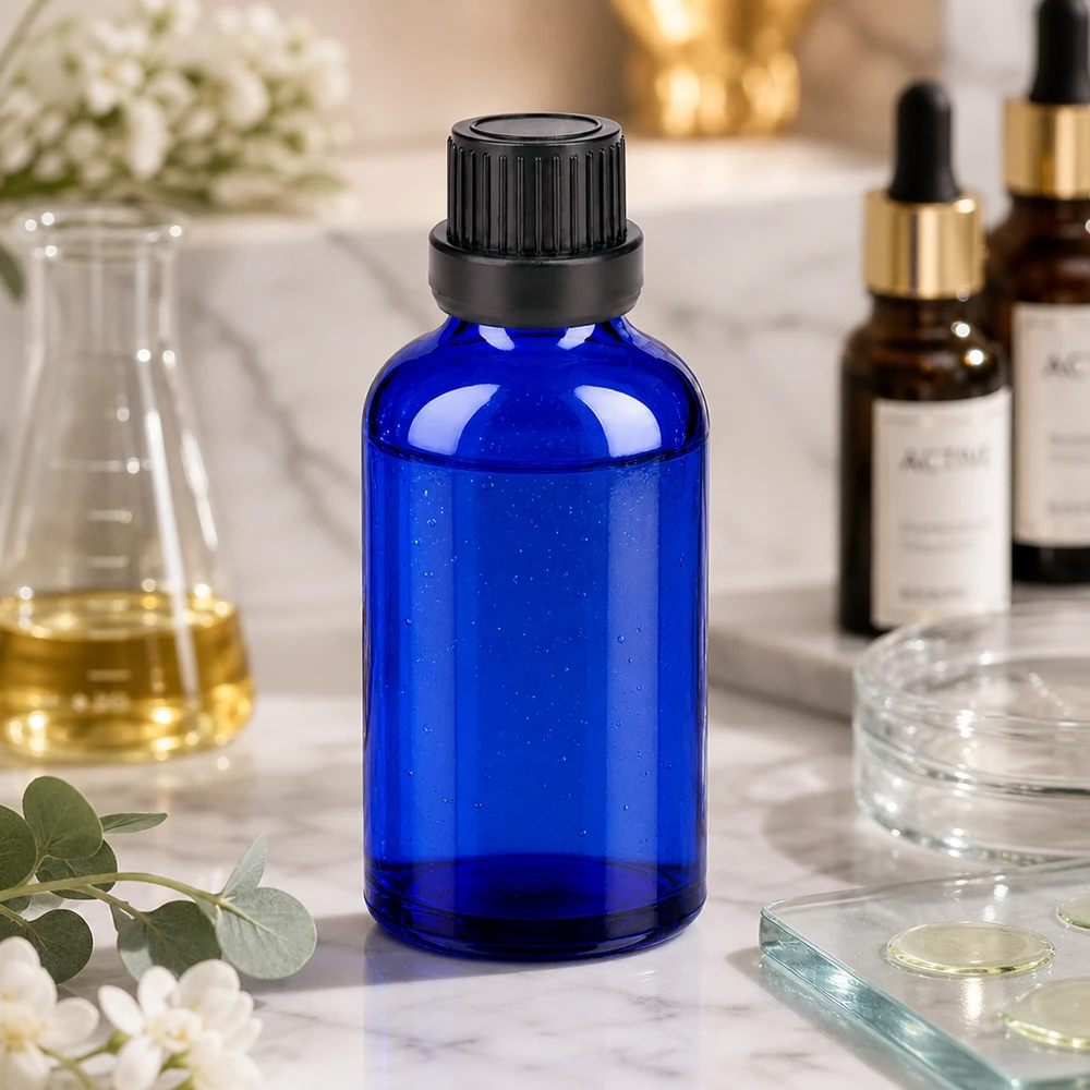 Flacon 50ml 11mm SV noir OV BlueLine UT18/50 Flacon médical stérile de 50 ml en verre bleu foncé avec bouchon inviolable