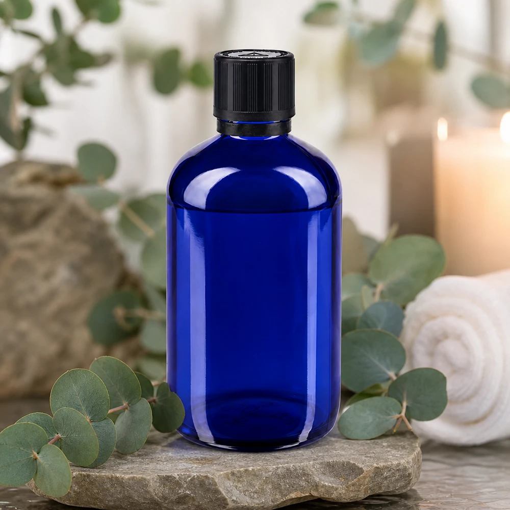 Flacon de pharmacie bleu 100ml bouchon inviolable 1mm noir sécurité enfant adapté aux aveugles bouchon inviolabilité Flacon en verre bleu cobalt de 100 ml pour huiles essentielles, muni d'un bouchon noir à sécurité enfant