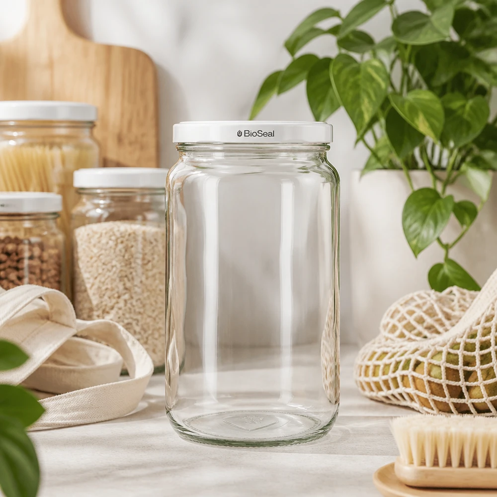 UNiTWIST Runda795 Bocal à provisions avec couvercle blanc TO82 BioSeal dans une cuisine durable zéro déchet avec des matériaux naturels