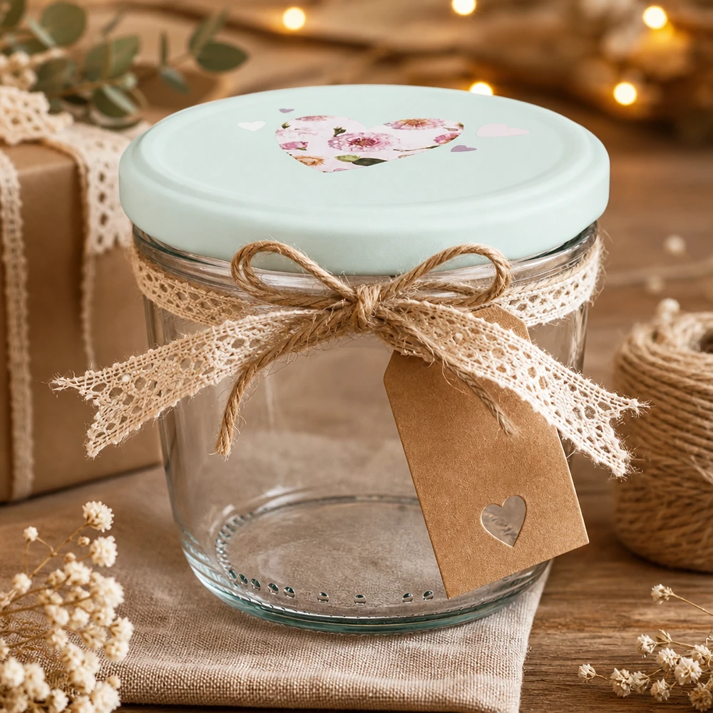 Verres de 230 ml + couvercle BasicSeal cur menthe UNiTWIST 230ml Sturzglas mit BasicSeal Deckel Herz mint als Geschenkidee, dekoriert mit Juteschleife und Geschenkanhänger