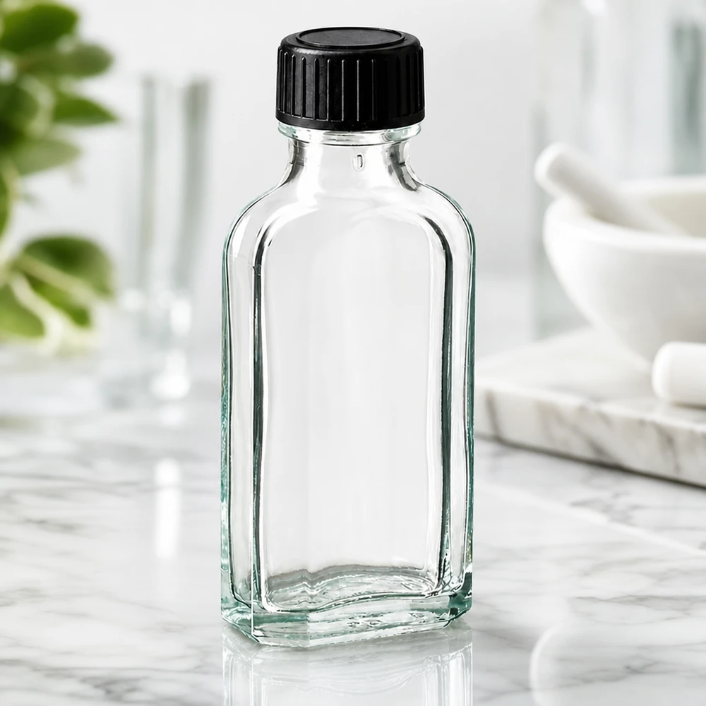 Flasque transparente de 50 ml au goulot DIN 22, avec bouchon à vis DIN 22 noir et joint LKD Flacon de pharmacie Meplat transparent de 50 ml, muni d'un joint LKD étanche, pour huiles essentielles