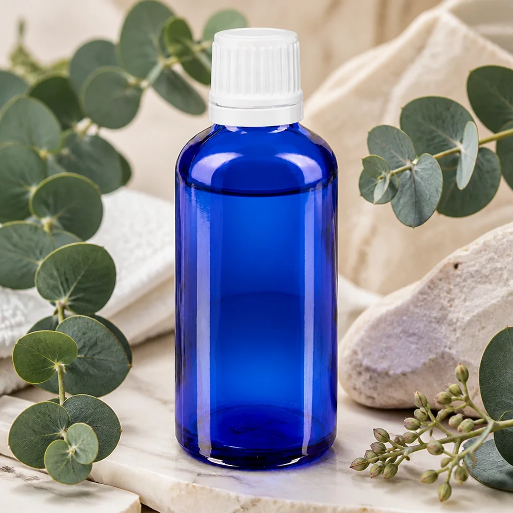 Flacon en verre bleu de 50 ml avec bouchon à vis blanc à l'épreuve des enfants, pour huiles essentielles