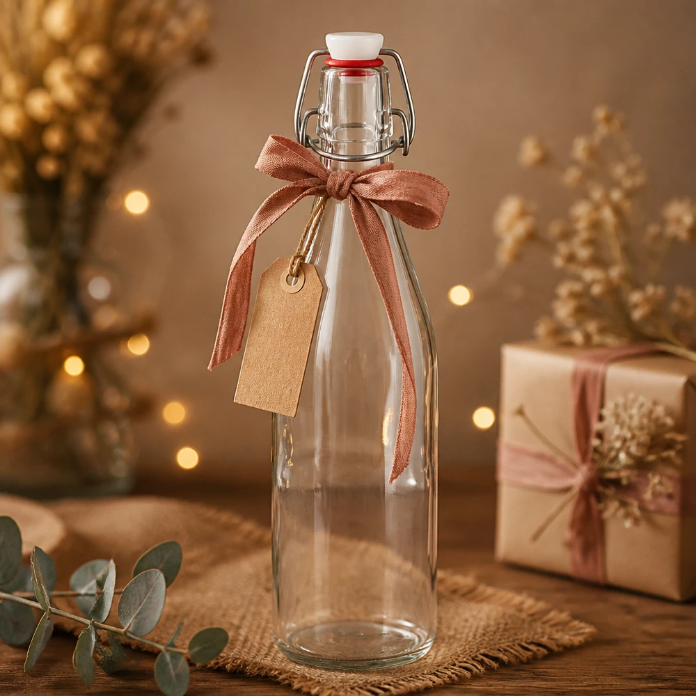 Bouteille en verre de 500 ml + bouchon mécanique PVC UNiTWIST Bouteille en verre de 500ml Bouchon à étrier Décoration de Noël Emballage cadeau Ruban Jour Lumières dorées