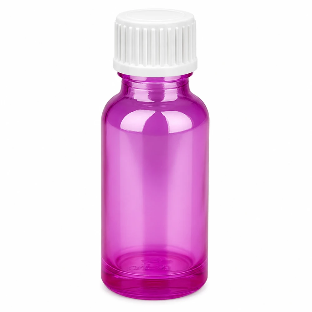 20ml (globules)Flacon 3mm bague de coulée blanc standard PurpleLine.UT18/20 Flacon compact en verre violet de 20 ml avec protection UV et bouchon à visser pratique