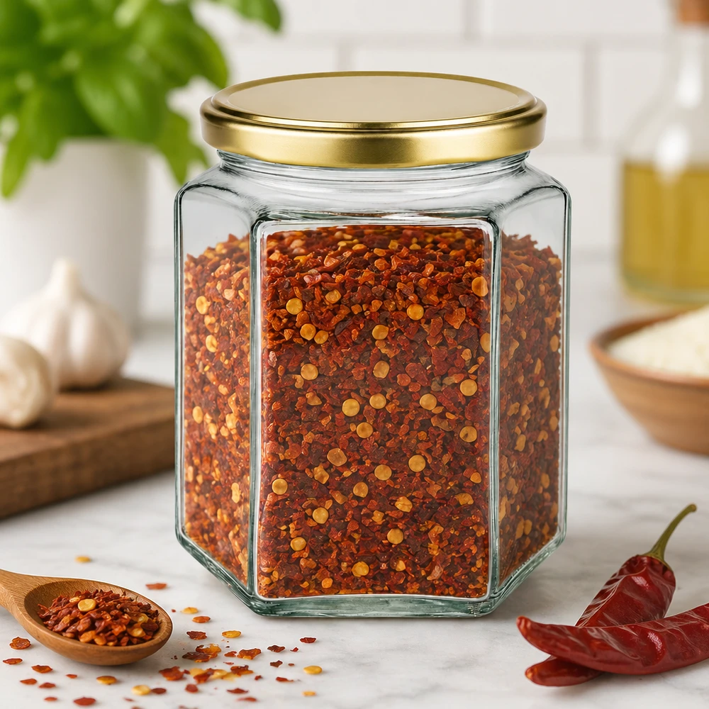 Pot de miel hexagonal de 500g BasicSeal avec bouchon doré rempli de flocons de chili épices cuisine