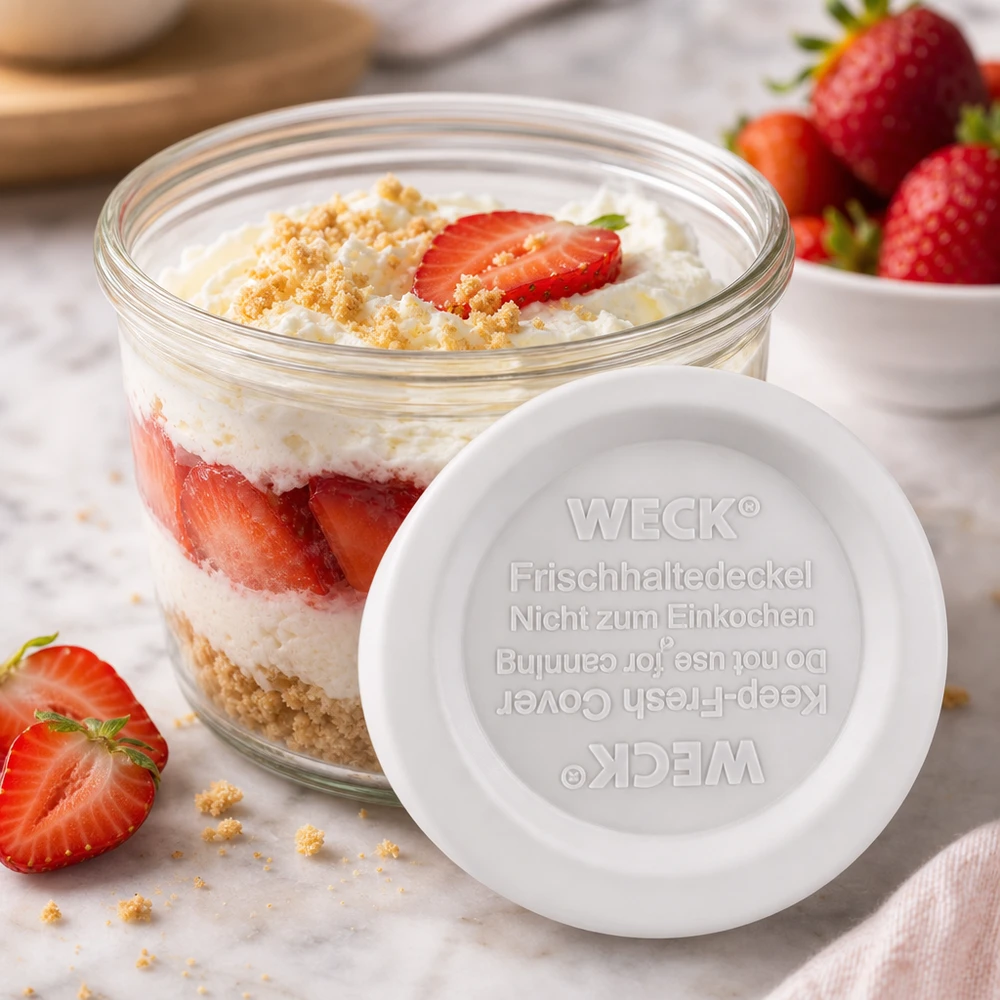 Couvercle fraîcheur WECK RR40 WECK Couvercle fraîcheur RR40 avec dessert à la fraise en pot - parfait pour les desserts sucrés et les desserts en couches