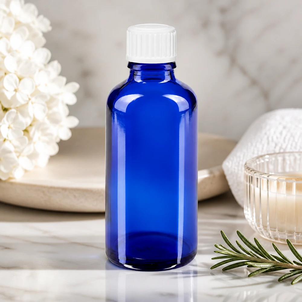 Bouteille de pharmacie bleue 50ml bouchon vissable blanc Globuli Std Flacon en verre GR Standard bleu cobalt de 50 ml avec un goulot de 3 mm pour huiles essentielles