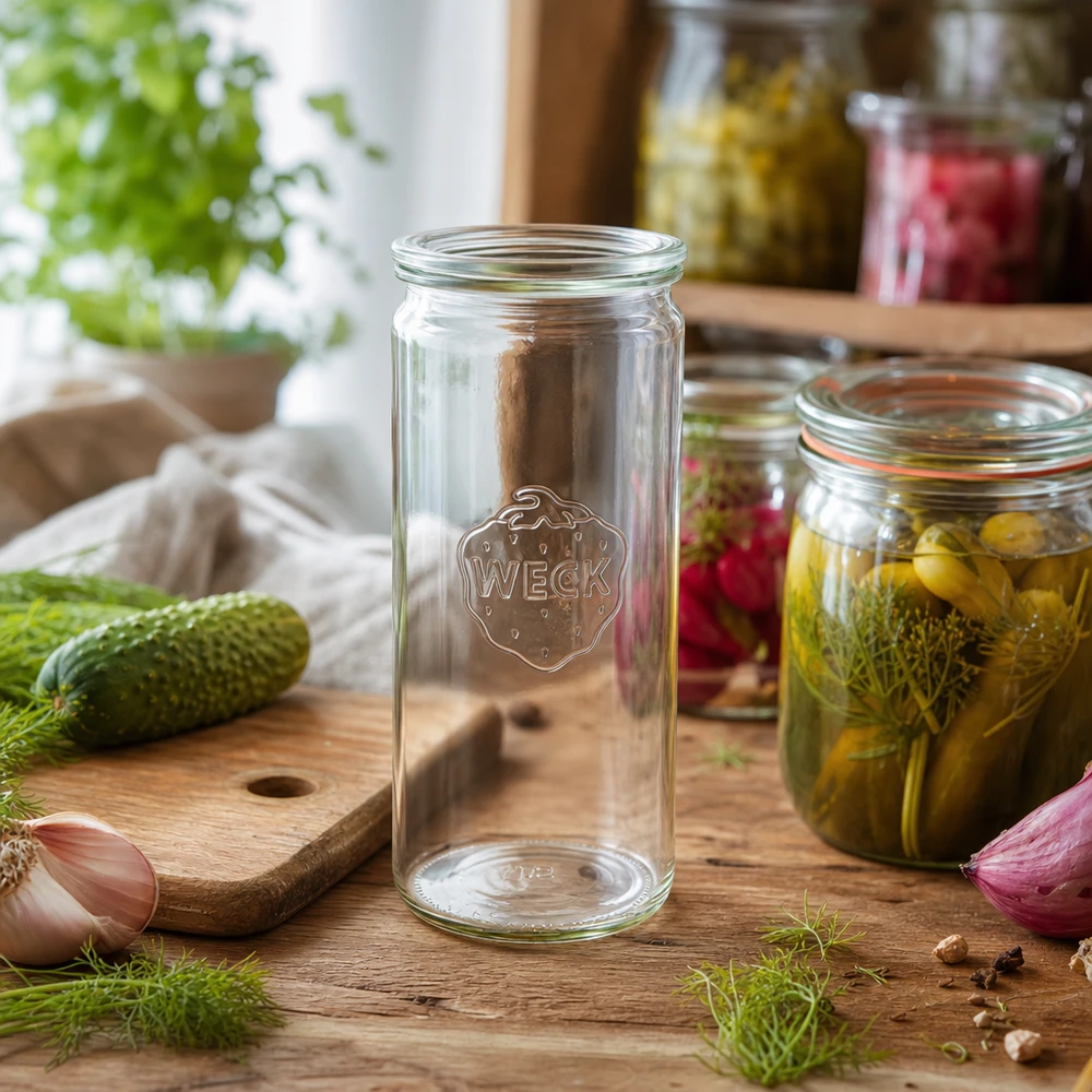 WECK Pot cylindrique de 1040ml RR80 dans Cuisine avec légumes marinés Concombres Aneth Oignons Pot de conservation Lifestyle