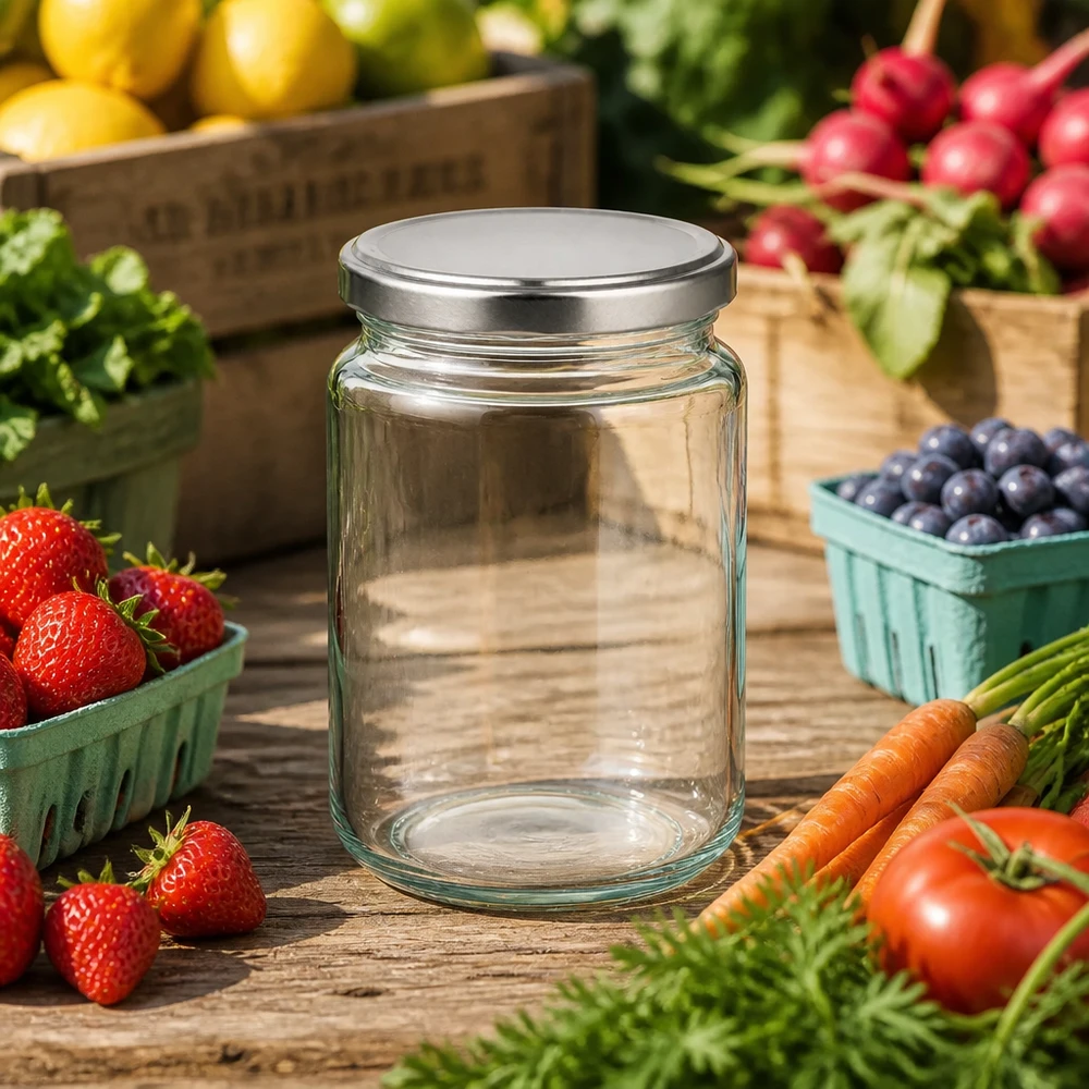 382ml Verre rond avec couvercle BasicSeal argent UNiTWIST 382ml Rundglas mit silbernem BasicSeal Deckel inmitten frischer Gartenprodukte Erdbeeren Karotten Tomaten Bauernmarkt