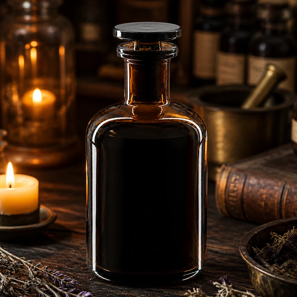 Flacon pharmaceutique 100 ml col étroit en verre ambré + bouchon Flacon pharmaceutique ancien de 100 ml, brun, à col étroit, avec bouchon en verre, dans le style des anciennes pharmacies