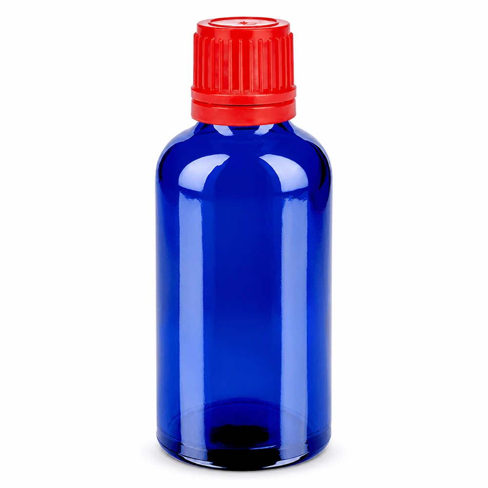 Flacon 50ml 11mm SV rouge OV BlueLine UT18/50 Petite bouteille en verre 50ml bleue avec bouchon d'inviolabilité rouge 11mm BlueLine