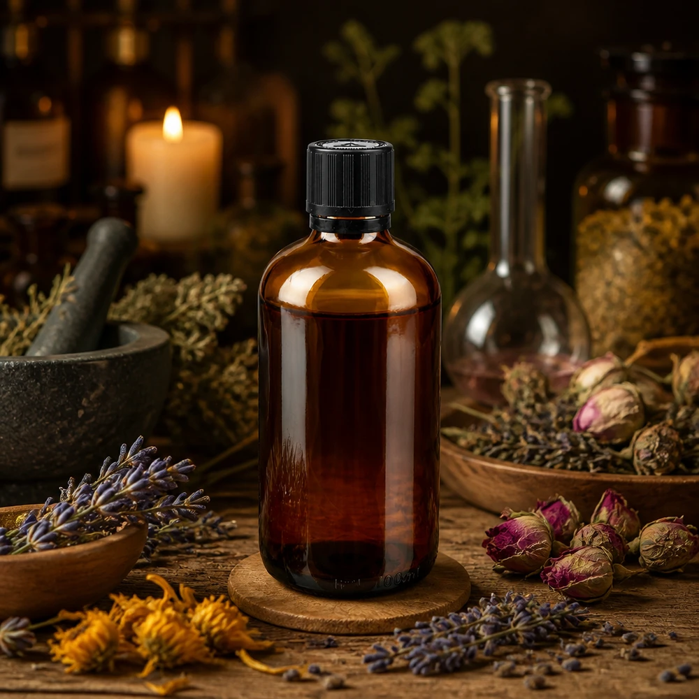 Flacon en verre de 100 ml de couleur ambrée, muni d'un bec verseur de précision de 1 mm, contenant des herbes séchées et des roses