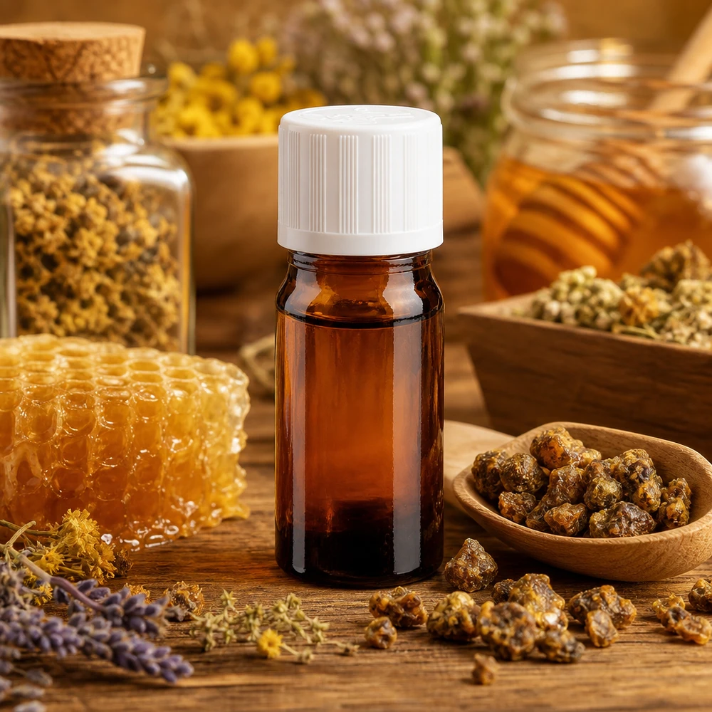 Flacon de pharmacie brun 5ml bouchon vissable blanc sécurité enfant standard Plantes médicinales naturelles et rayons de miel, présentés dans un petit flacon de pharmacie en verre ambré de 5 ml
